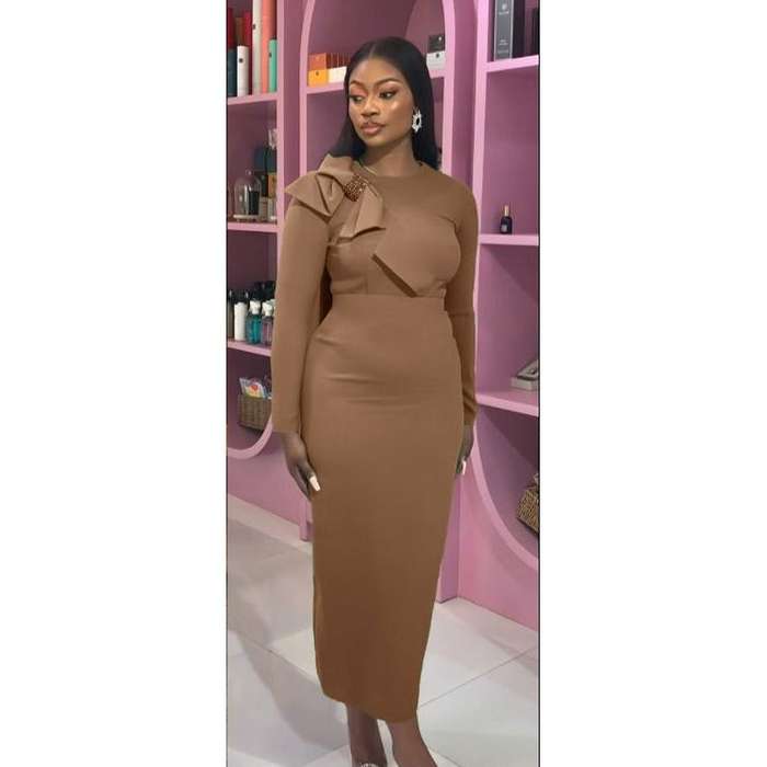 Formal Knitted Shoulder Bowknot Design Long Sleeve Maxi Dress
