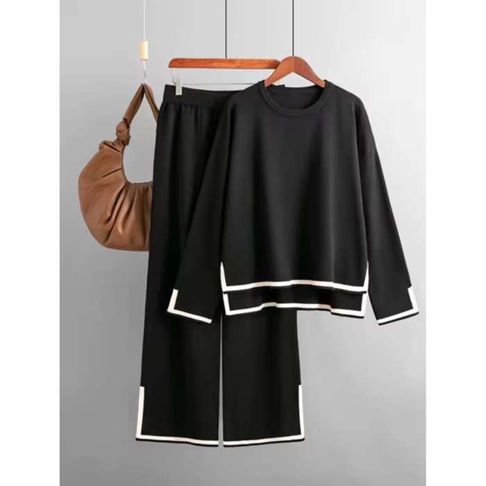 Knitted Sweater Tracksuits Split Up Pullover Top & Wide Leg Pants Set