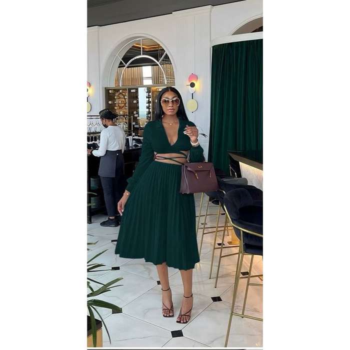 Strappy Shirt Top with Pleated Mid Skirt 2 Piece Set