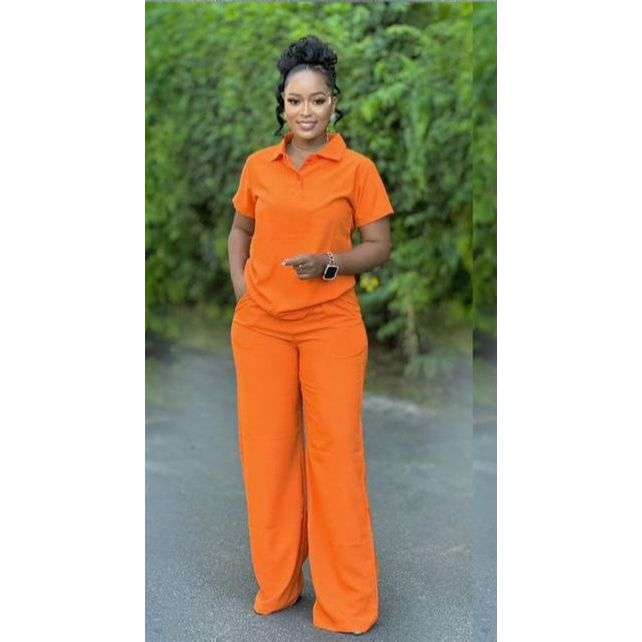 Women's Plain Short Sleeve Down-Collar Top & Wide Pants Set.