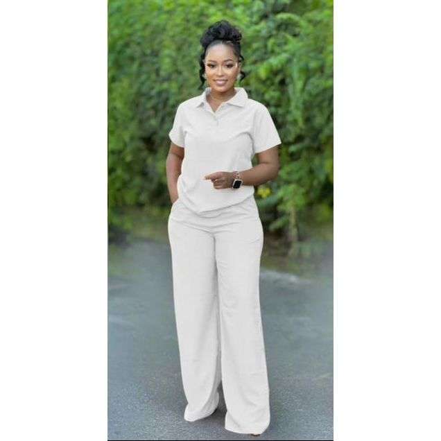 Women's Plain Short Sleeve Down-Collar Top & Wide Pants Set.