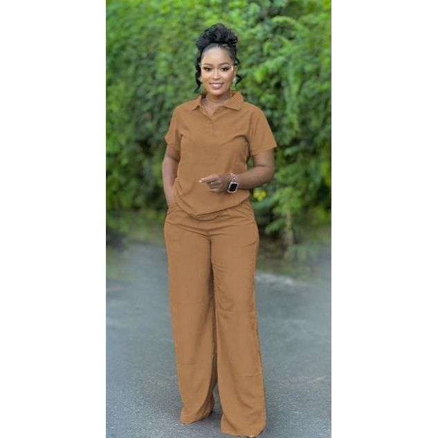 Women's Plain Short Sleeve Down-Collar Top & Wide Pants Set.