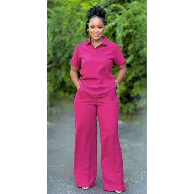Women's Plain Short Sleeve Down-Collar Top & Wide Pants Set.