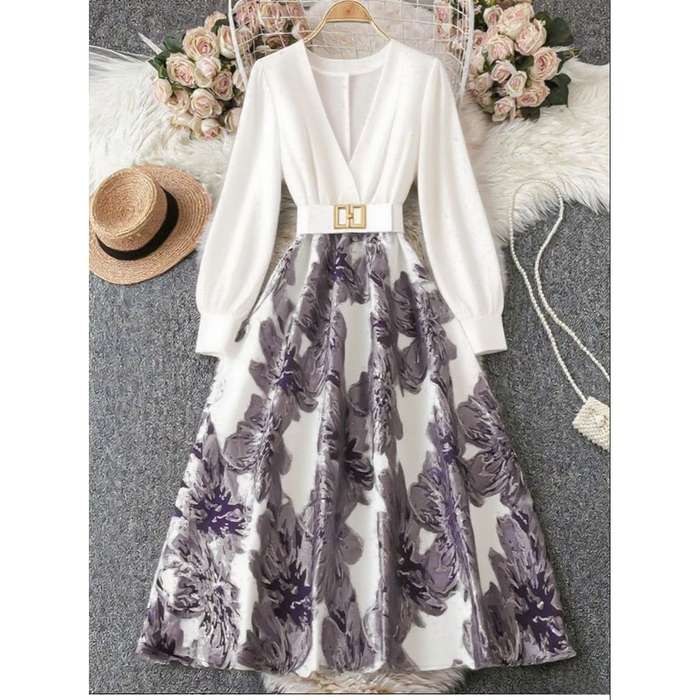 Plus Size Elegant Long Sleeve Embossed Print Patchwork Solid Color Adjustable Waist Dress