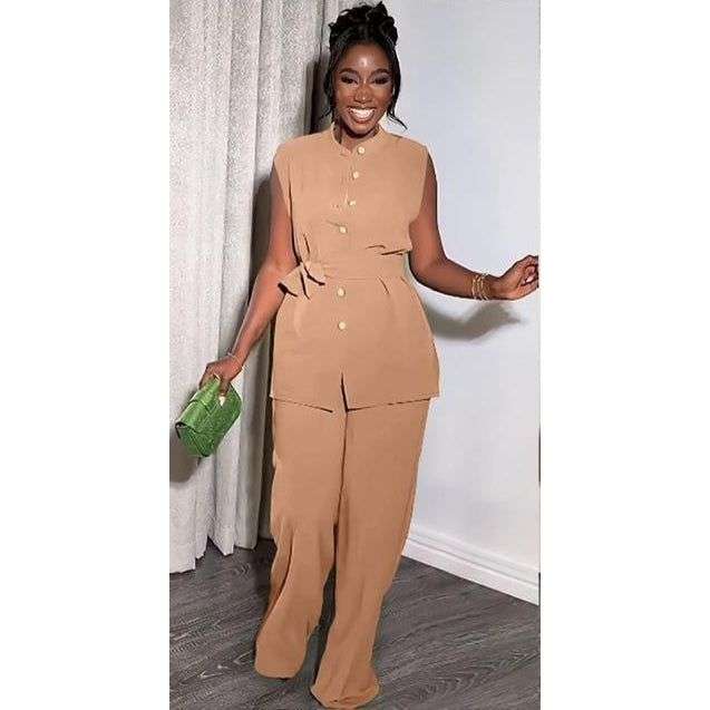 Two Piece Button Sleeveless Lace Up Top Wide Leg Summer Pants Set.