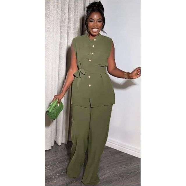 Two Piece Button Sleeveless Lace Up Top Wide Leg Summer Pants Set.