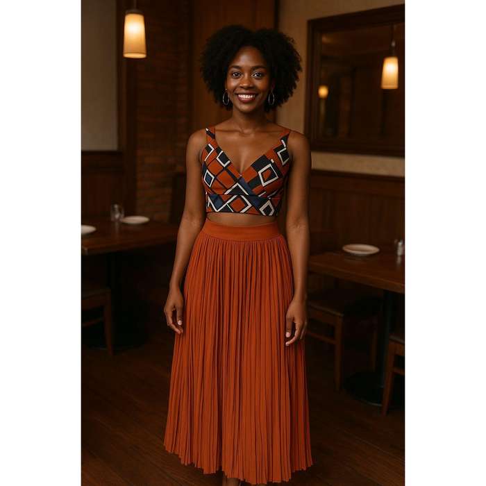 Pleated Long Skirt & Short Sleeve Top Set.