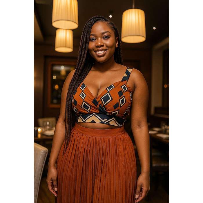 Pleated Long Skirt & Short Sleeve Top Set.