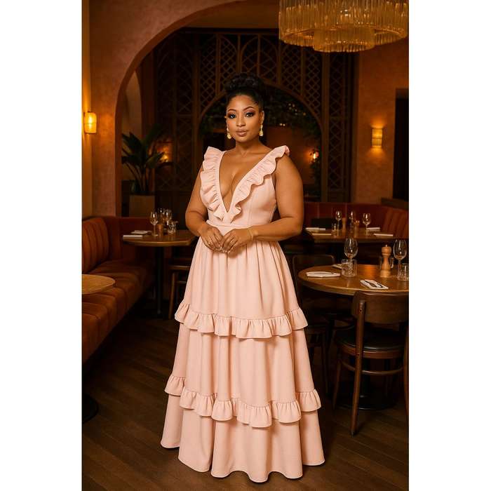 Deep V-neck Sleeveless Ruffle Maxi Dress