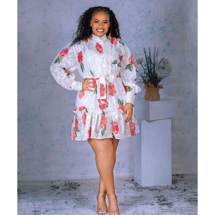 Print Round Neck Long Sleeve Lace Up Mini Dress.