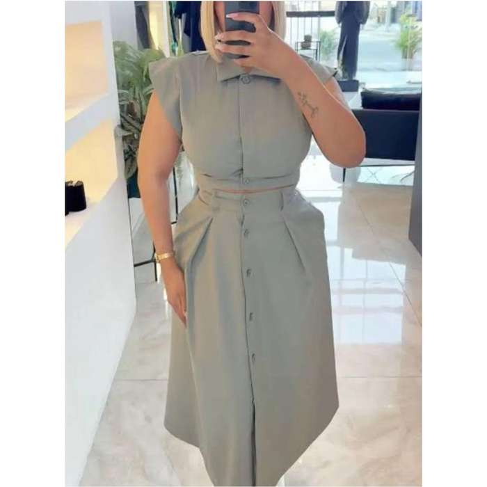 Ruffle Front Trim Button Shirt & Skirt Set.