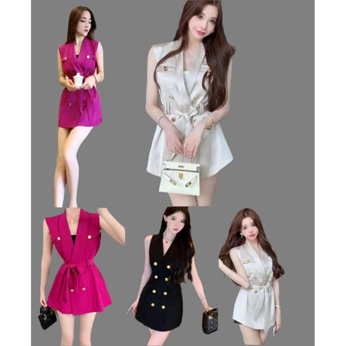 Ruffle Trim Double Breasted Belted Vest Blazer and short set .