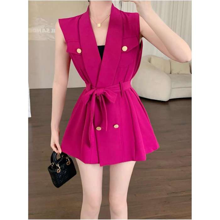 Ruffle Trim Double Breasted Belted Vest Blazer and short set .