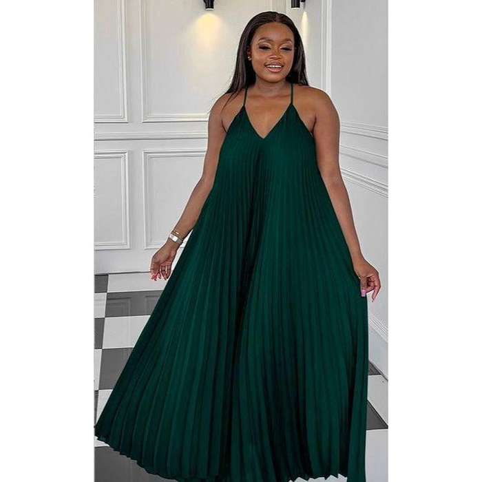 Pleated Sleeveless Midi V-neck Dress.