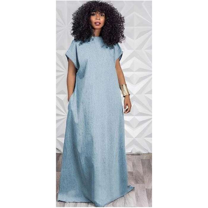 Back V-Neck Denim Maxi Dress