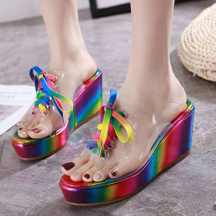 Lace Up Peep Toe Transparent Wedges