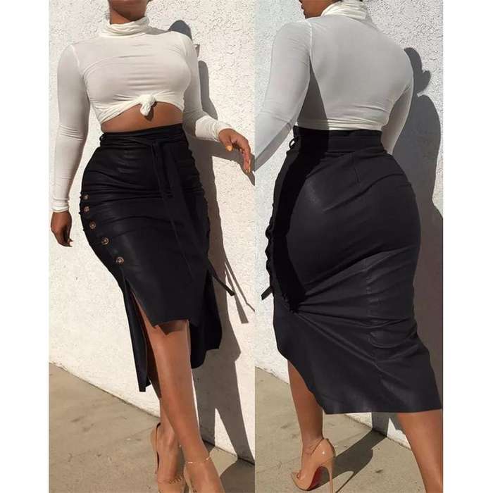 Side Button Pencil Skirt - ORANGE / S
