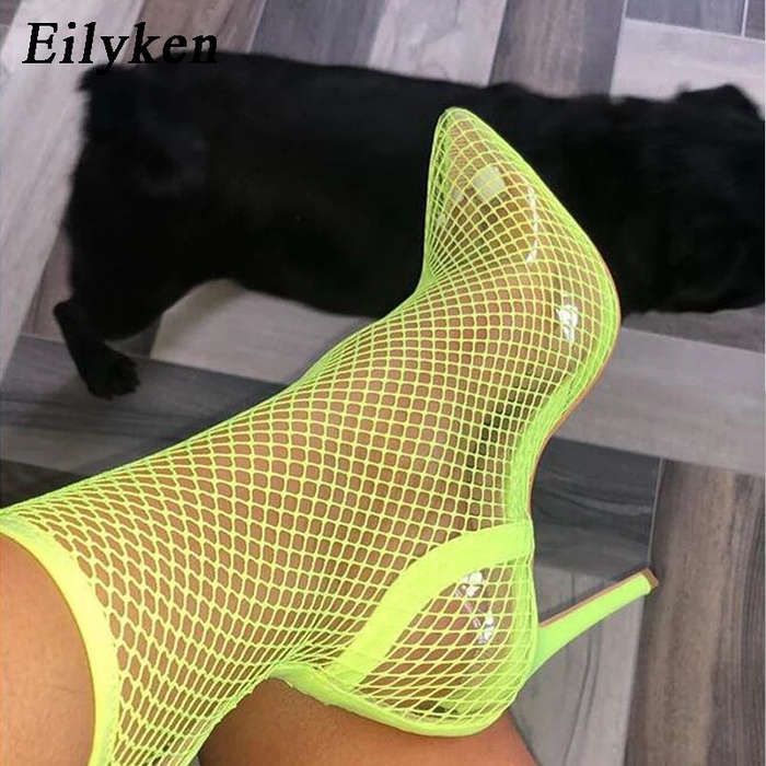 Fishnet heel shoes - YELLOW / 4