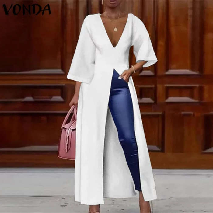 V-Neck Split Hem Long Top Dress