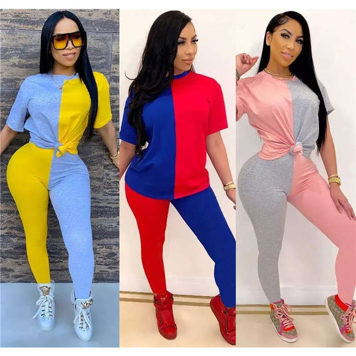 Patchwork Two Pieces Set - PINK/GREY / S
