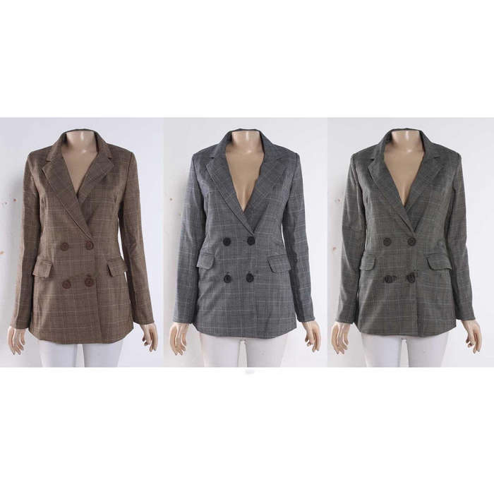 Double Breasted Plaid Blazer - BROWN / XXL
