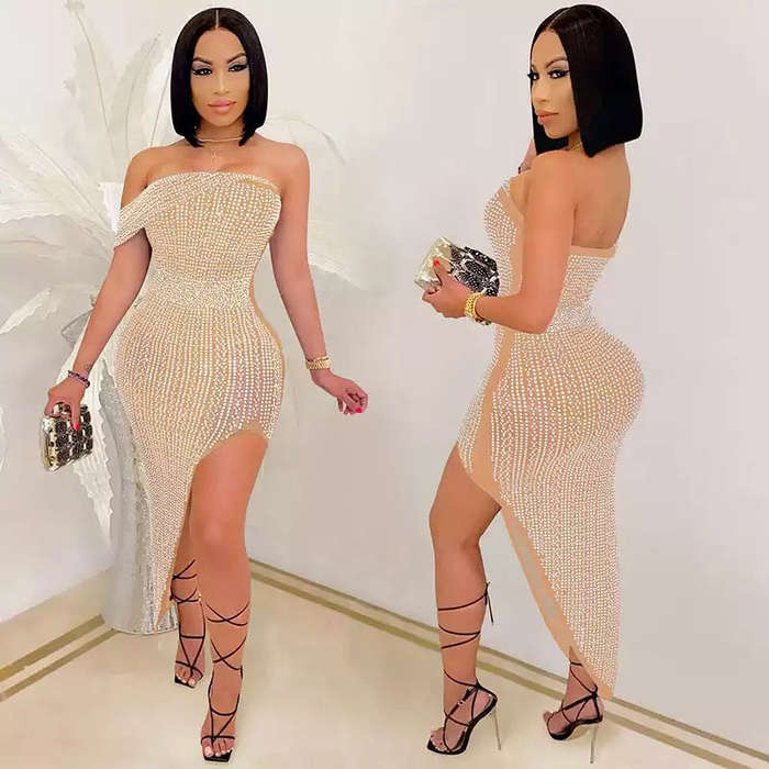 Rhinestone Diamond Asymmetrical Sexy Dress