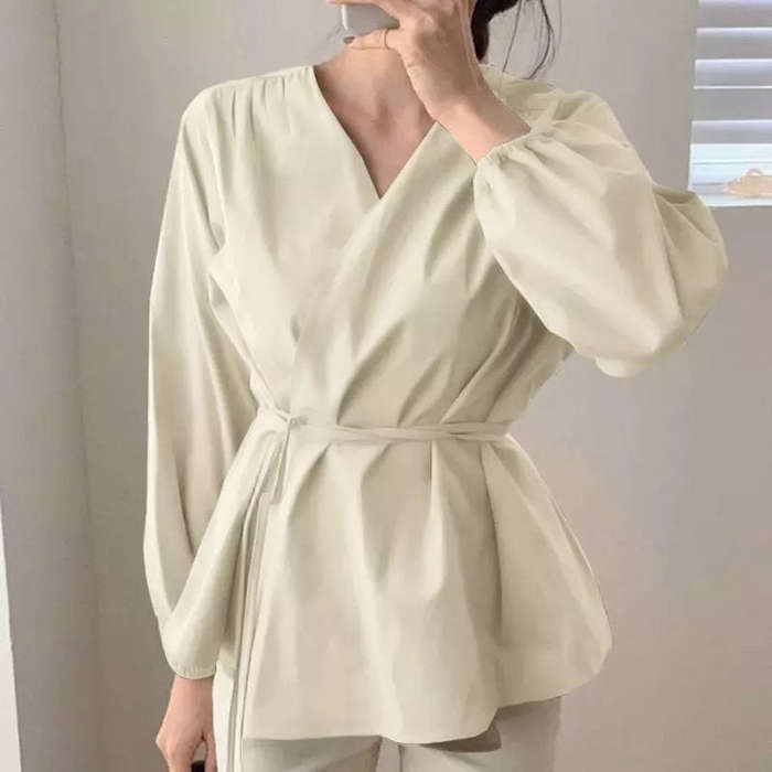Long Sleeve Wrap Elegant Cross V Neck Shirt