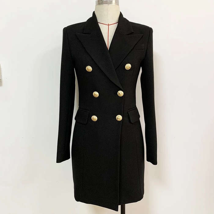 V-Neck Double Double Breasted Blazer Dress - BLACK / M