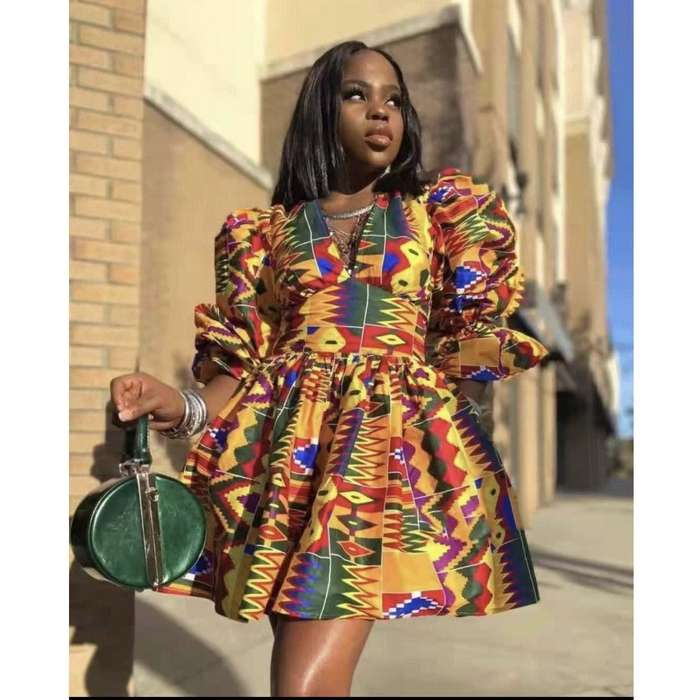 V-Neck Mini Ankara Dress