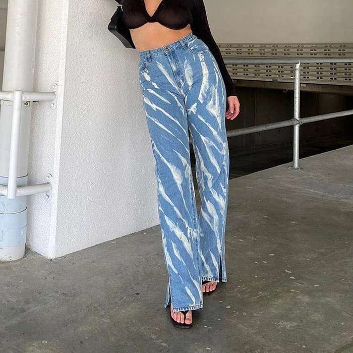Rockmore Striped Print Bottom Split Jeans