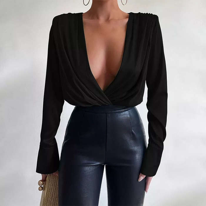 Sexy Deep V-neck Stain Silk Bodysuit
