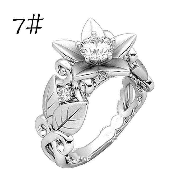 Beautiful Women's Floral Ring Rose Lucky Flower Leaf Diamond Jewelry Gift Rings - 7