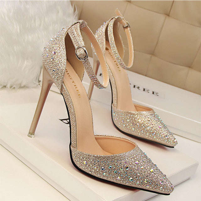 Women Pumps Sexy High Heels Shoes Woman Silver Rhinestone Wedding Shoes High Heels Par... - Gold / 6