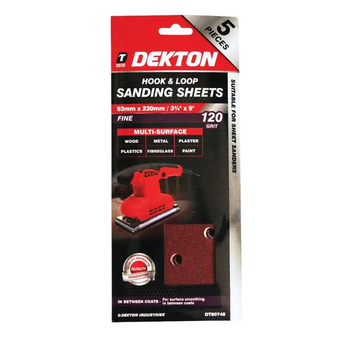 DEKTON 5PC Hook and Loop Sanding Sheets 93mm x 230mm - Fine 120 Grit
