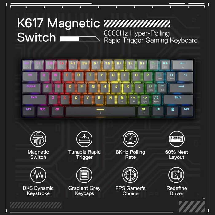 Redragon K617 FIZZ Rapid Trigger 60% Magnet Hall Switch Wired RGB Gaming Keyboard