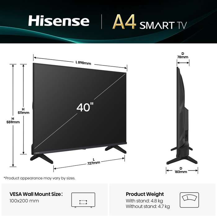 HISENSE LEDN40A4Q FHD 60hz SMART TV; Game Mode; Natural Colour Enhancer; Dolby Audio; Share to TV...