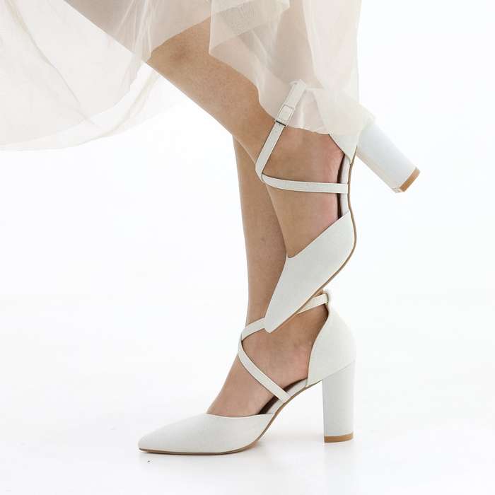 Fumi block 8.5cm  heel open waist cross over belts glitter pu