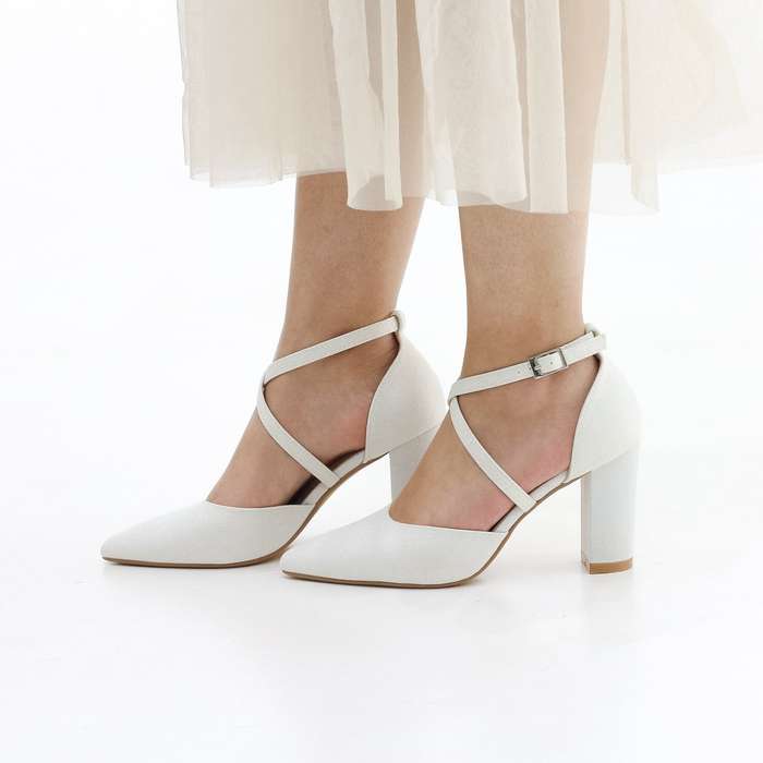 Fumi block 8.5cm  heel open waist cross over belts glitter pu