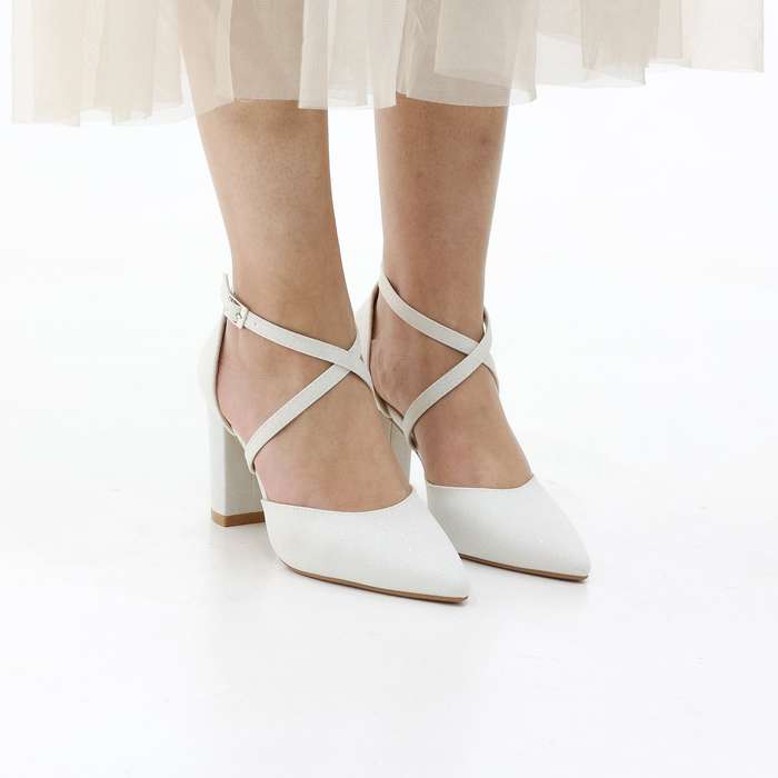Fumi block 8.5cm  heel open waist cross over belts glitter pu