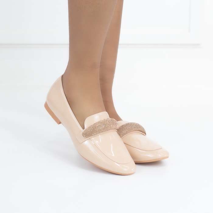 Honey flat loafer pat PU with diamante detail Nude
