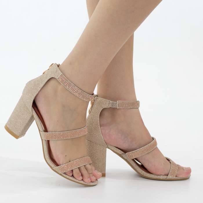 Razina double band ankle strap sandal 8cm block heel shimmer champagne