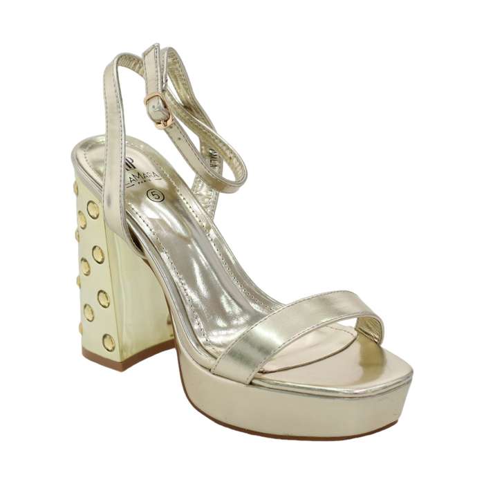 Bimala one band ankle strap sandal on 11cm stoned platform heel gold