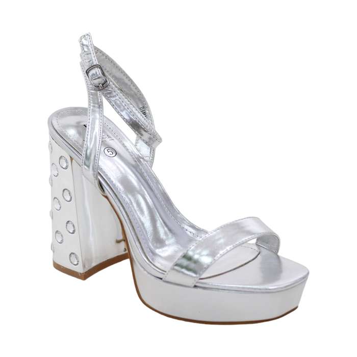 Bimala one band ankle strap sandal on 11cm stoned platform heel silver