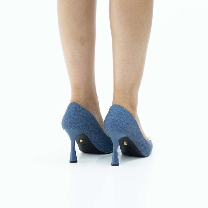 Ressie 9cm heel denim court with gold sqr trim blue