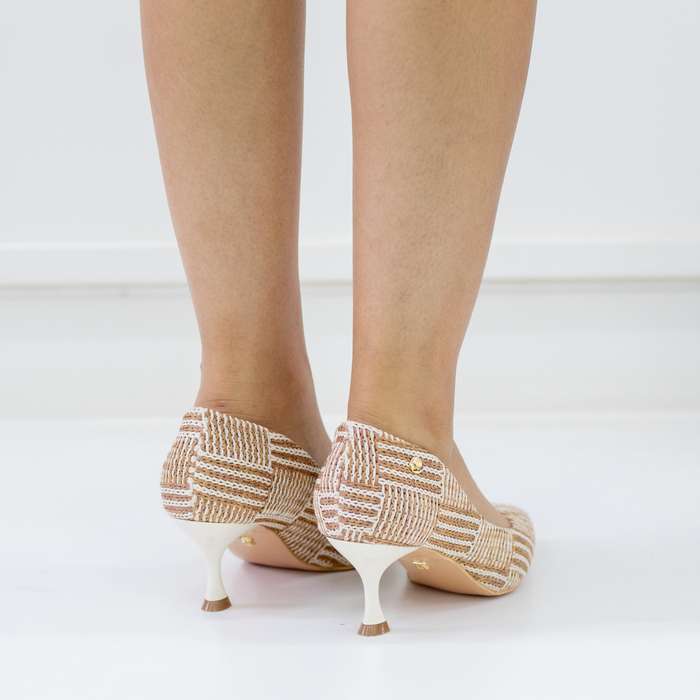 Merge 6.5cm heel knitted pointy multicolored court beige