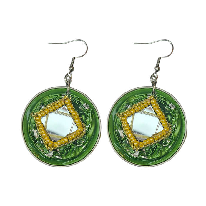 Handmade Ethnic Earrings Made from Recycled Nespresso Pods - Green with Mirror detail and Yellow ...