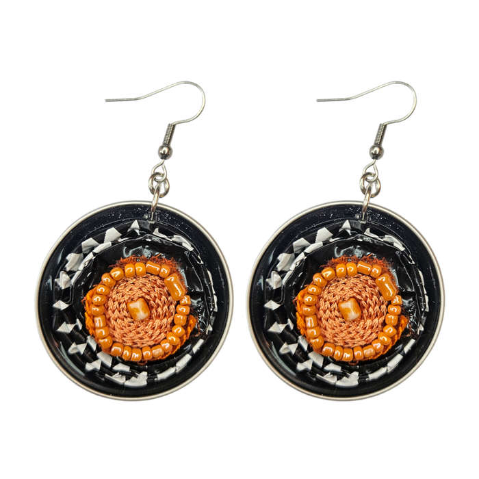 Handmade Ethnic Earrings Made from Recycled Nespresso Pods - Black & White and Orange Beaded Detail
