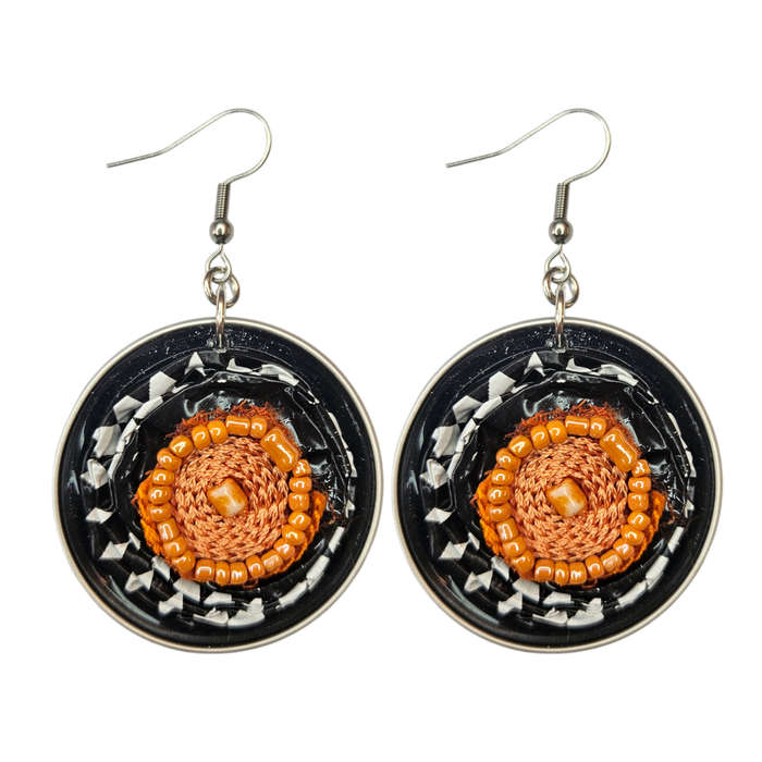 Handmade Ethnic Earrings Made from Recycled Nespresso Pods - Black & White and Orange Beaded Detail