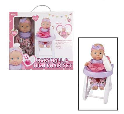 Baby Doll and High Chair Feeding Set with Accessories 30cm Ages +3 Years