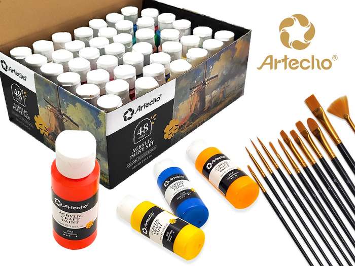 Artecho 48 Colours Acrylic Paint Set & 12pc Paint Brush Set - 59ml Bottles